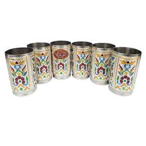 Flower Designed Stainless Steel Meenakari 6-glass Set -S.M.